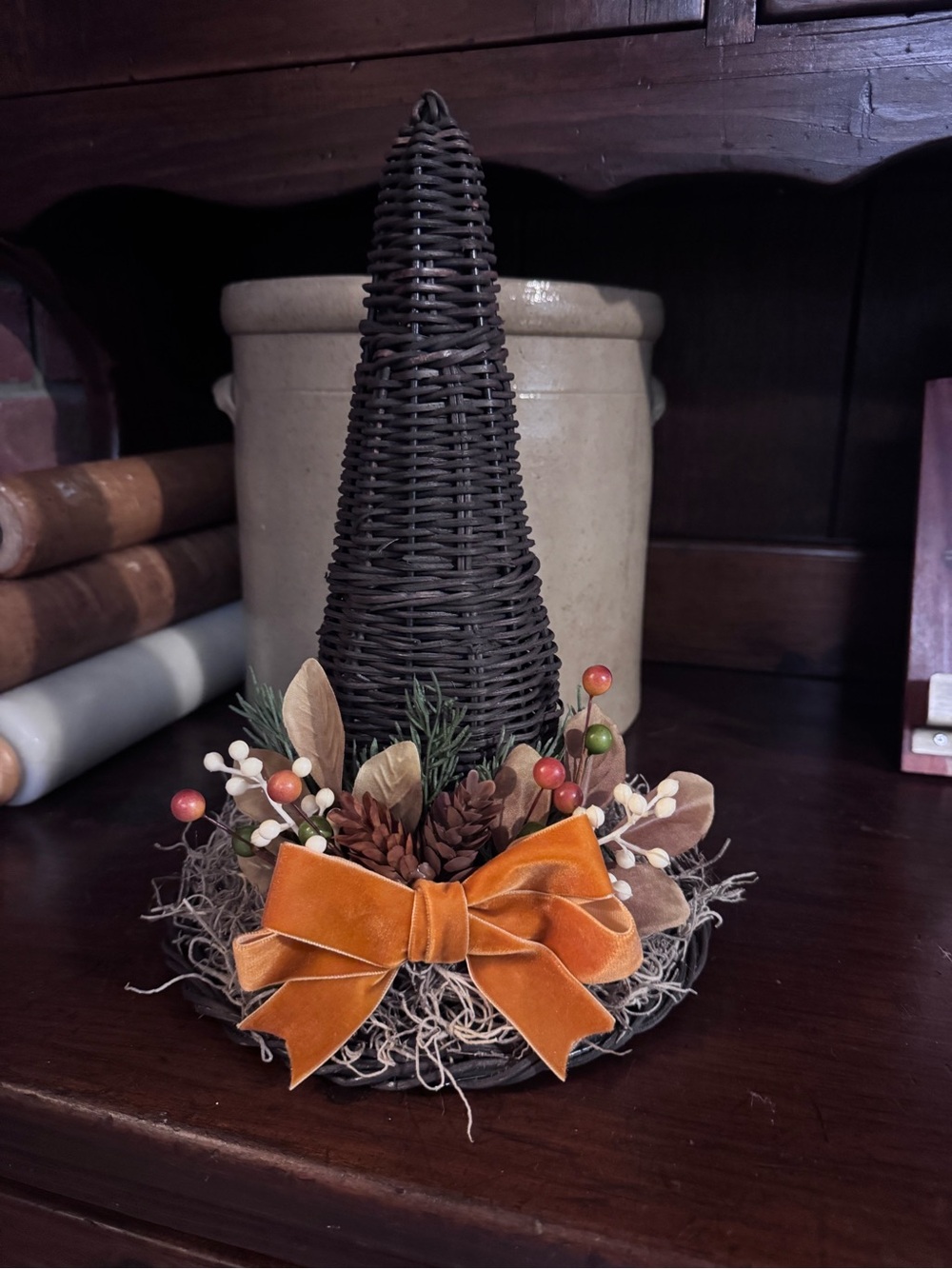 Wicker Witches Hat w Rust Orange Velvet Bow Home Fall Halloween Holiday